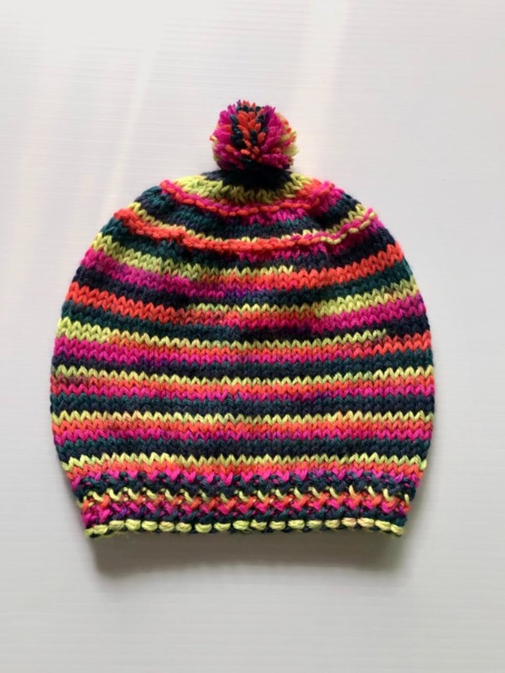 Hand knitted colorful beanie, Knit beanie with pompom